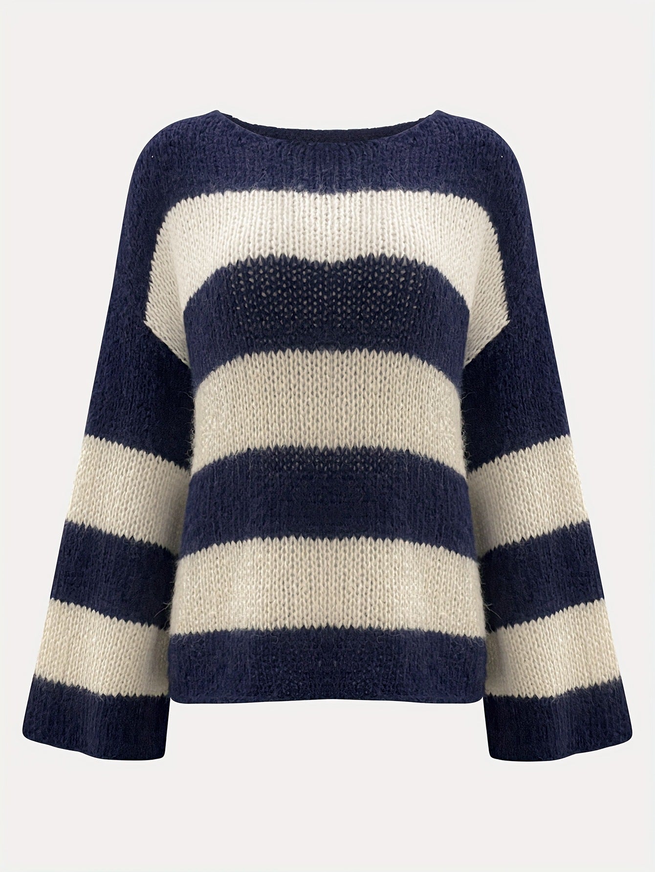 Crew-neck Contrast-striped Loose-fit Casual Chic Versatile Knit Pullover