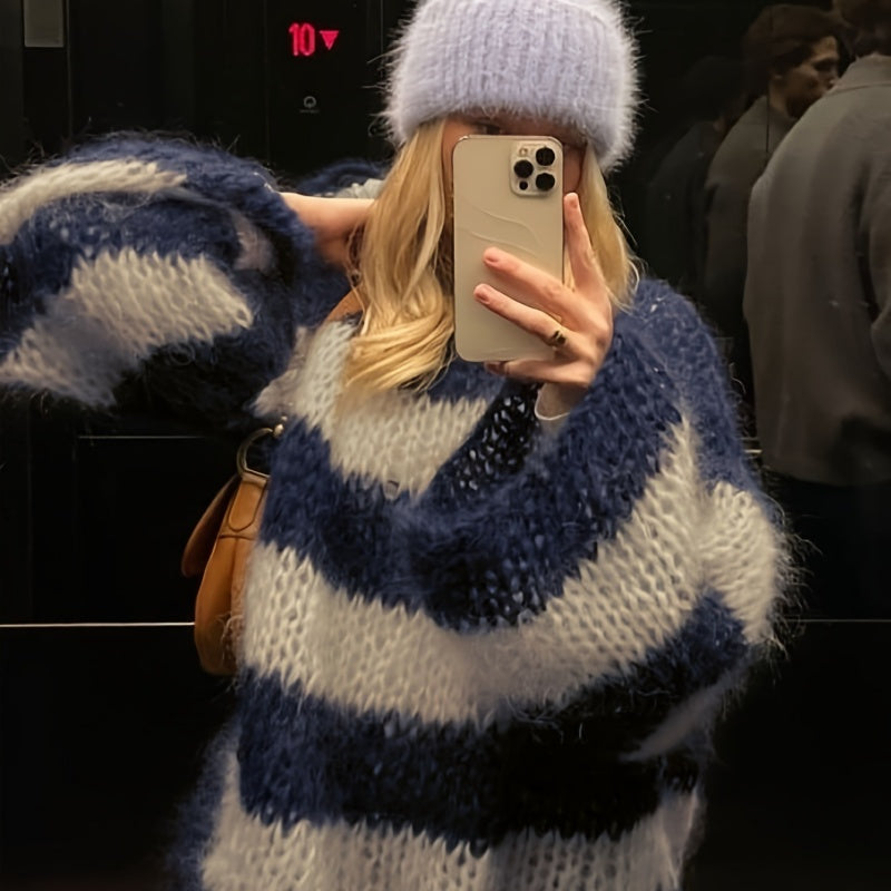 Crew-neck Contrast-striped Loose-fit Casual Chic Versatile Knit Pullover
